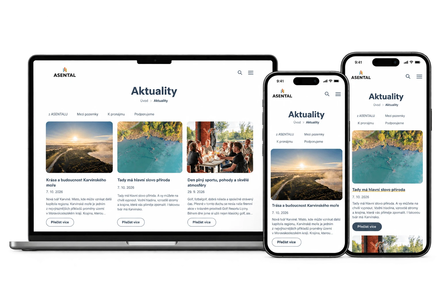 Aktuality Asental – responzivní web na desktopu a dvou iPhonech, mockup bez pozadí
